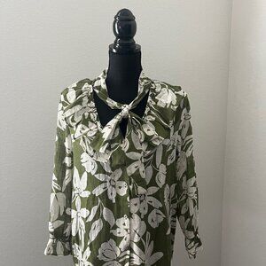 ZARA Green with White Floral Print Cascading Ruffle Sheer Blouse Size XS